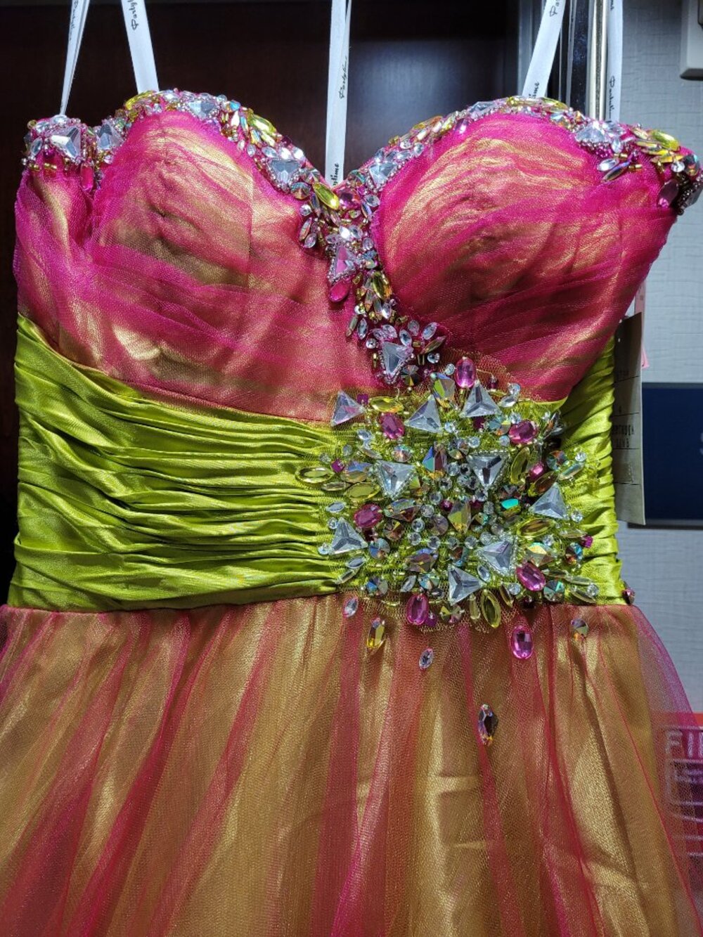 Party Time Formals/Rachel Allen 6734 Size 4 Pink Lime Green Dress - Picture 3 of 4